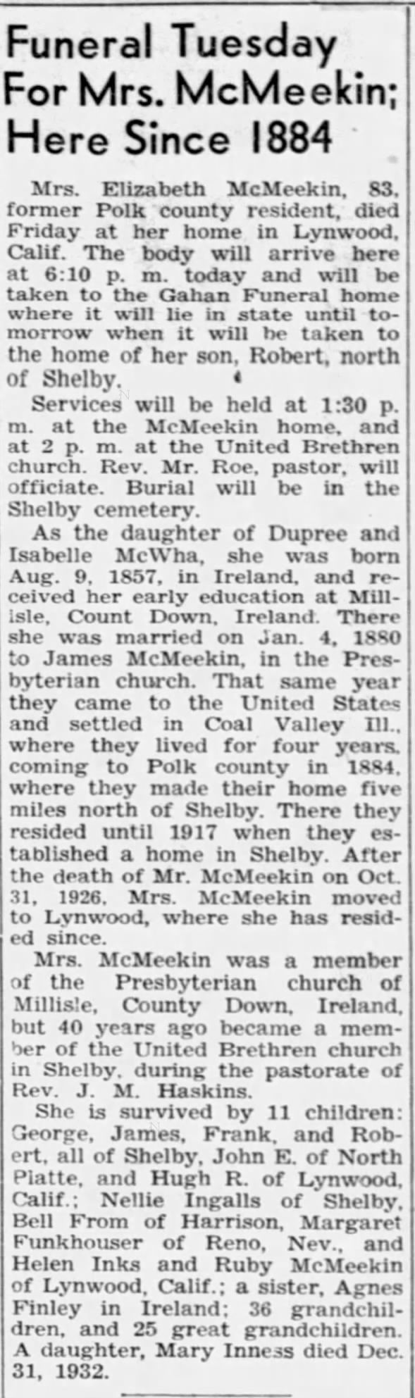 Obituary for Elizabeth McMeekln (Aged 83)